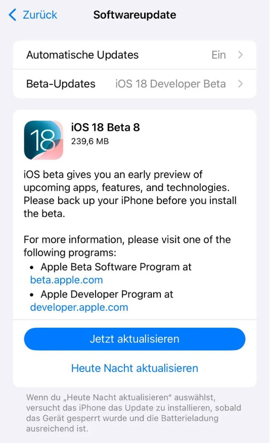 解放苹果手机维修分享苹果 iOS / iPadOS 18 开发者预览版 Beta 8 发布 